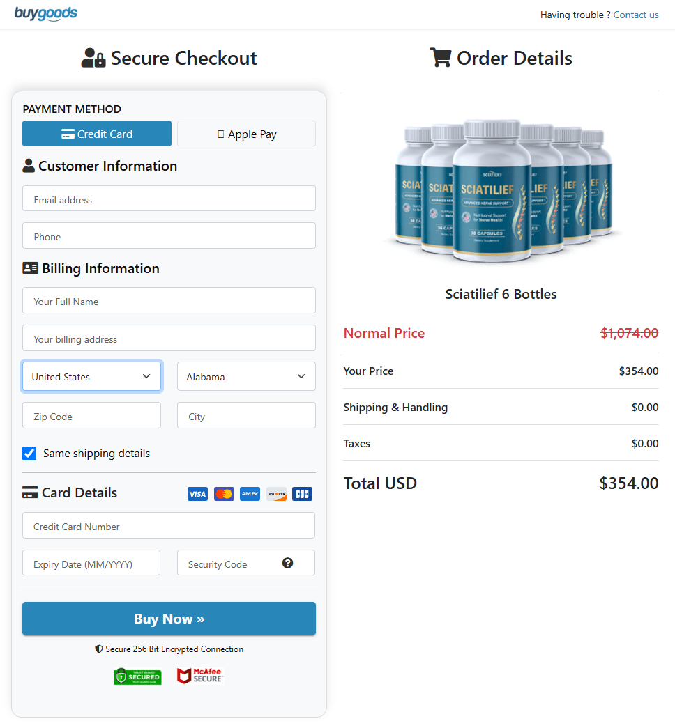 Sciatilief checkout page